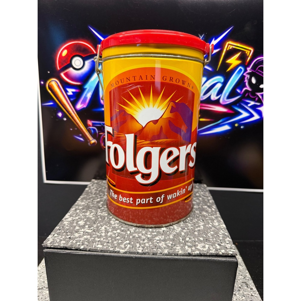 Folgers Coffee Tin Houston Harvest Hinged Lid Wire Bale Collectible Canister